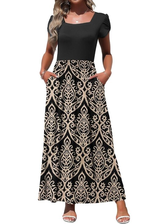 Dresses & Skirts - Women's Khaki Square Neck Maxi Dresses Petal Short Sleeve Casual Long Dress